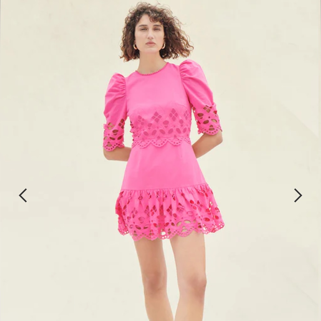 New Saylor Auroette Eyelet Puff Sleeve Cotton Poplin Dress In Hot Pink Size Xs